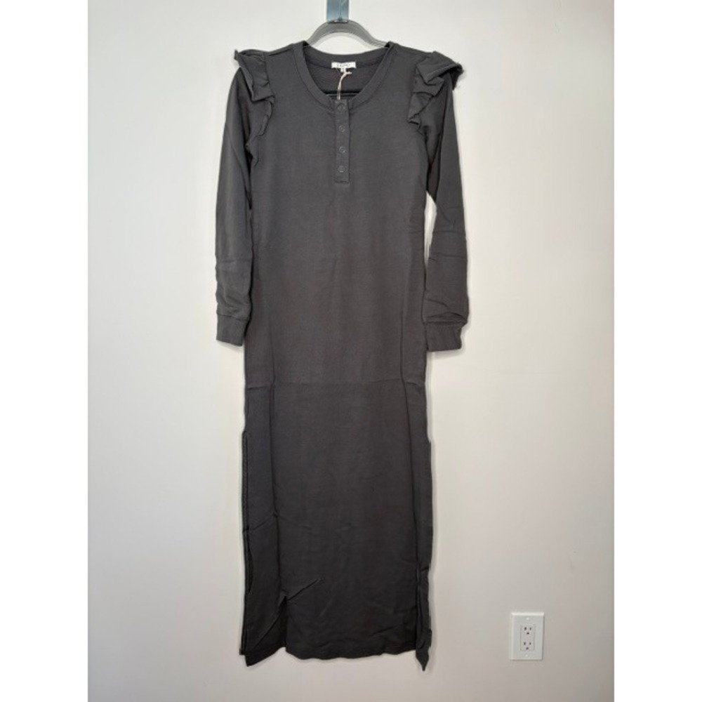 Z Supply Womens Grey Ruffle Shoulder Henley French‎ Terry Maxi Dress Small NEW